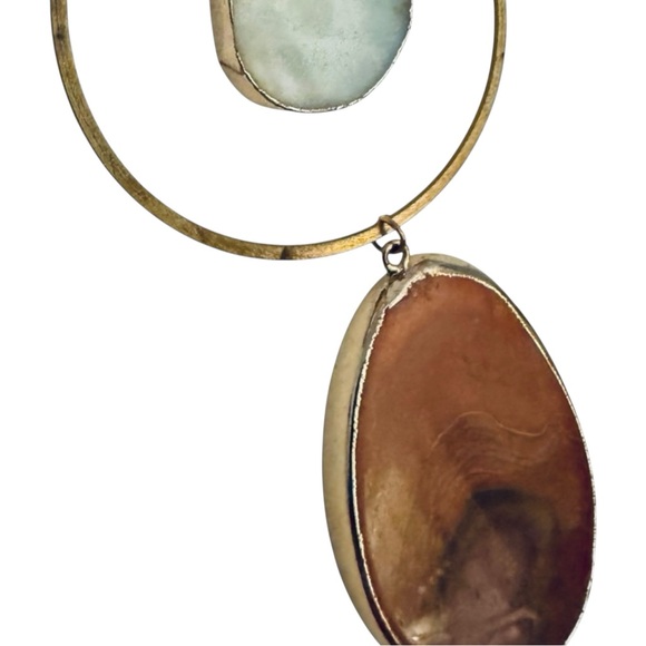 Serefina Long Pendant Statement Necklace Natural Stones and Gold-Tone Circle - Picture 6 of 11